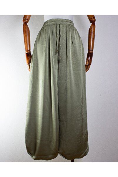 Fast Perry Yüksek Bel Lastikli Saten Şalvar Pantolon Çağla Yeşili