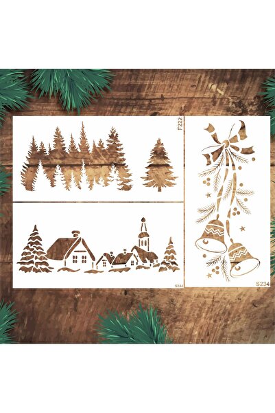 STENCİLTASARIM Stencil Tasarım SET58 15x30cm 3 lü Yılbaşı Seti- Dekoratif Duv...