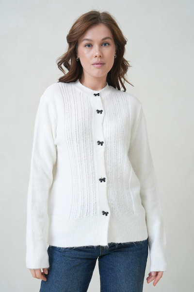 ÖNDER MODA Women's crew neck bow button knit cardigan - ecru