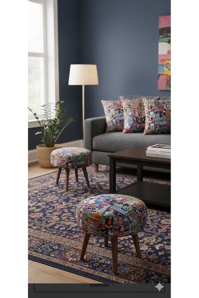 çataloğlu tekstil Desenli Çok Amaçlı Yuvarlak Puf Ahşap Ayaklı Dekoratif Otur...