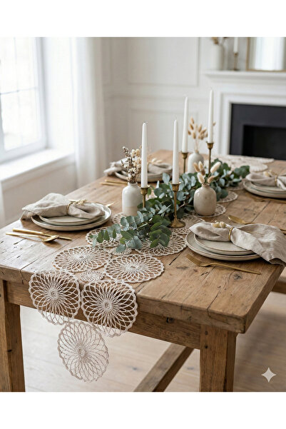 e-ceyiz Yuvarlak Fransız Dantel Detaylı Tek Runner, Masa Üzerine Runner, Masa...