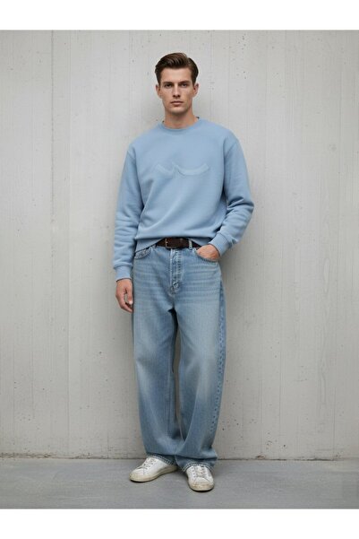 Ltb Long Sleeve Crew Neck Sign Printed Blue Sweatshirt