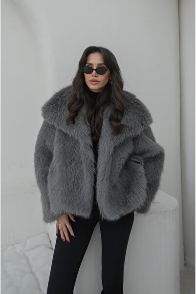 Havoş Gray Folded Wide Collar Fur Coat