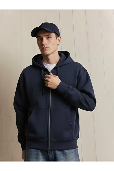 Ltb Long Sleeve Hooded Navy Blue Sweatshirt with Front Zipper