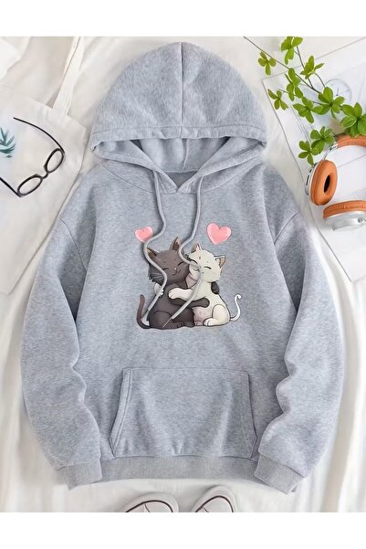 LELVANİ سترة بغطاء رأس بنمط طباعة قطة على شكل قلب