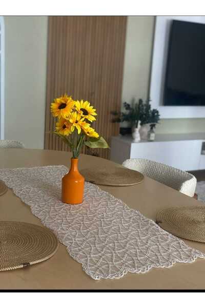 e-ceyiz Fransız Dantel Detaylı Tek Runner, Masa Üzerine Runner, Masa Örtüsü R...