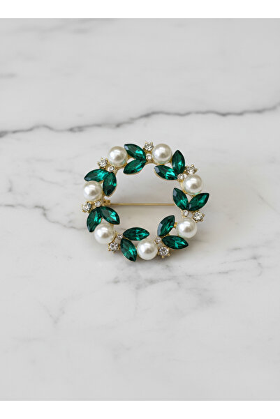 GKCBijoux Yeşil Zirkon Taşlı Yaprak Motifli Broş - Şık Tesettür Şal, Eşarp ve Ceket Aksesuarı