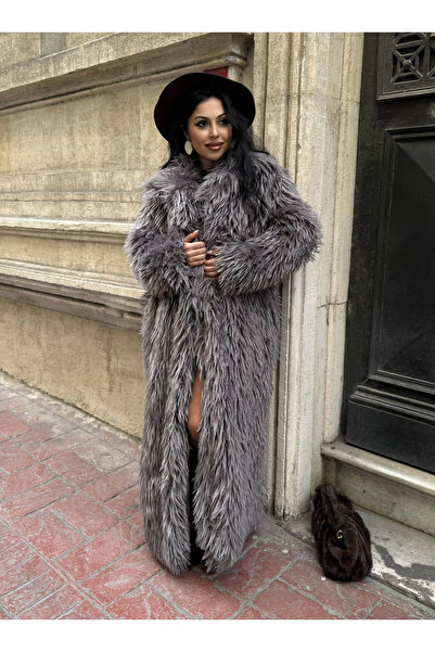 moneta boutique Women's Fringed Long Premium Fur Coat