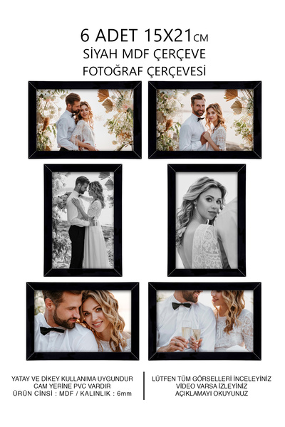 YEDİART 6 Adet 15x21 Çerçeve - Mdf Çerçeve - Fotoğraf Çerçevesi - A5 Pvc'li Ç...