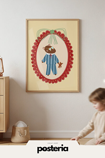 Posteria Tekli Doğal Ahşap Çerçeveli Çocuk Odası Tablosu, Uykuya Hazırlık, Ço...