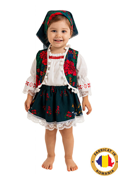 kashida Costum Tradițional Românesc pentru Fetițe Verde – 3 piese/4 piese - FABRICAT IN ROMANIA