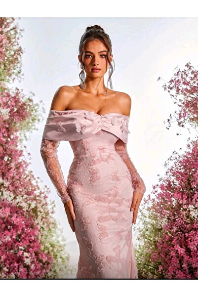 RANO-BOUTİQUE فستان أنيق ورومانسي من التول بأكمام طويلة بذيل مع زخرفة فراشة وردية لحفلات الخطوبة التخرج