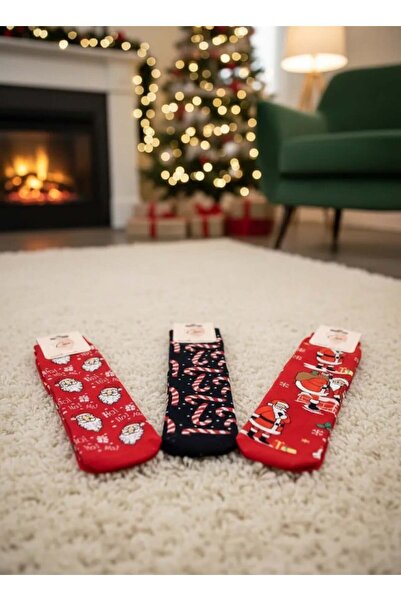 CANMODA 3'lü Yılbaşı Seti Kırmızı Havlu Çorap - Candy Baston Şeker (36-46 Num...