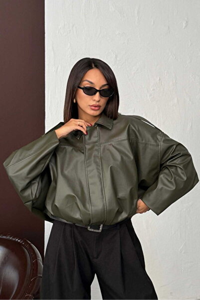 Caddebostan Moda Khaki Oversized Leather Coat Modern Premium Luxury Trend Design Coat