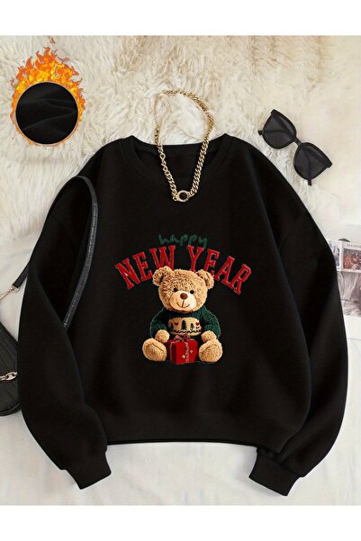 LELVANİ طباعة سويت شيرت بنمط الدب مع عبارة 'سنة جديدة سعيدة'