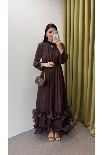 HAZELANNA Volanlı Acı Kahve Uzun Elbise