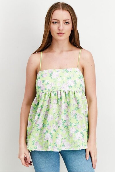 ASOS Women Square Neck Sleeveless Floral Top, Bright Green