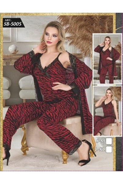 MODA YILDIZ Silky Bustier Three-Piece Pajama Set (Red Zebra)