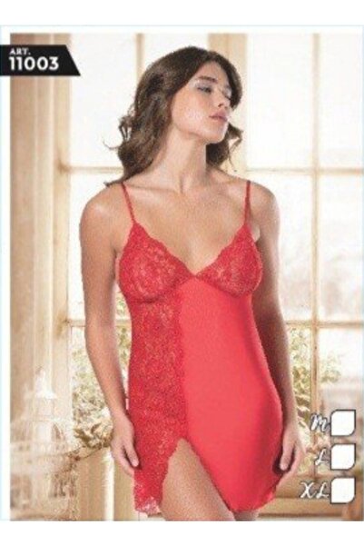 SİERNA ثوب نوم قصير من الدانتيل الأحمر شق من الساتان