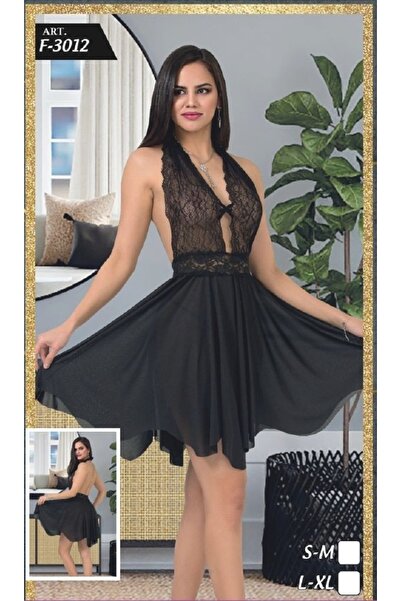 Pi Giyim Μαύρο μακρύ μίνι νυχτικό με δαντέλα