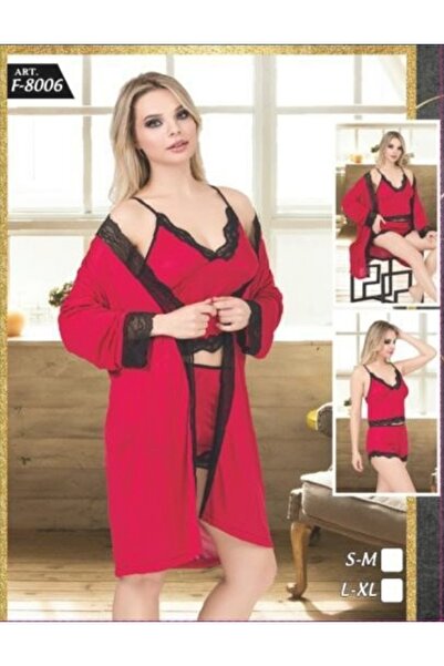 SİERNA طقم من 3 قطع مع روب وشورت – أحمر وأسود