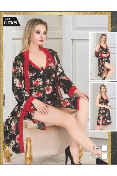 Modaley Giyim Σετ ρόμπας με λουλουδάτο σχέδιο και κόκκινη λεπτομέρεια