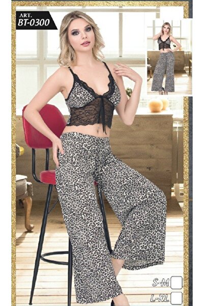 PİERLES Σετ νυχτικό με λεοπάρ στάμπα με δαντέλα και φαρδιά πόδια