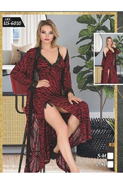 PİERLES طقم روب طويل من 3 قطع بنمط الحمار الوحشي الأحمر مع دانتيل