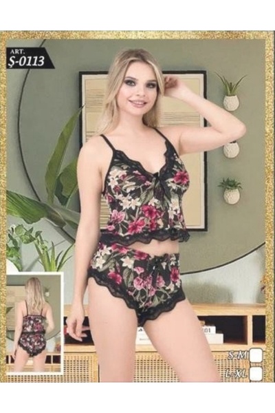 SİERNA Μαύρο ροζ φλοράλ σχέδιο με δαντέλα σορτς