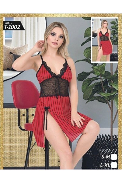 Modaley Giyim Red Striped Black Lace Nightgown