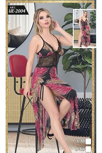 SİERNA Μακρύ νυχτικό με δαντέλα με τροπικό σχέδιο