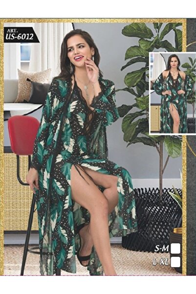 SİERNA Σετ μακρύ πρωινό φόρεμα 3 τεμαχίων με πράσινο τροπικό σχέδιο με δαντέλα