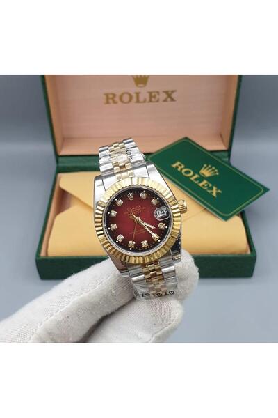 CN ساعة يد نسائية فاخرة بلونين ذهبي وفضي - مينا أحمر غامق فاخر