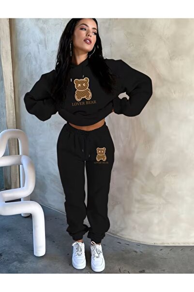 LELVANİ Lover Bear Patterned Print Bottom-Top Hooded Tracksuit Set