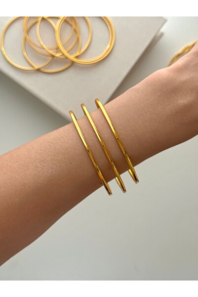 YOUES JEWELRY 22 Ayar Gold 3 ADET Altın Kaplama Ray Parlak Ajda Bilezik Kuyumcu Model