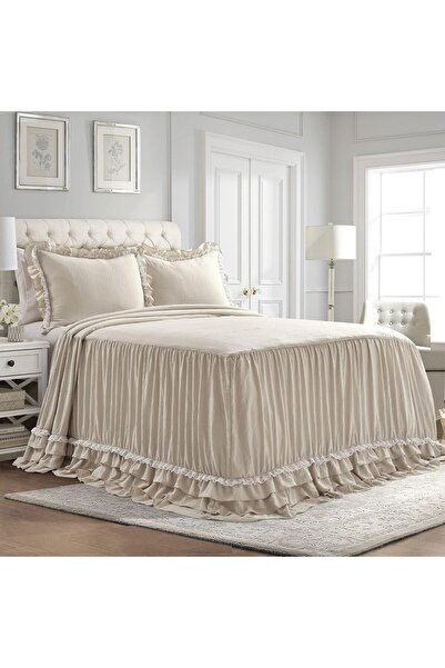 Hepta Collection la Fırfırlı Dantel Yk Örtüsü Nötr Çiftlik Evi Tarzı Hafif 3 Parça Set King Polter