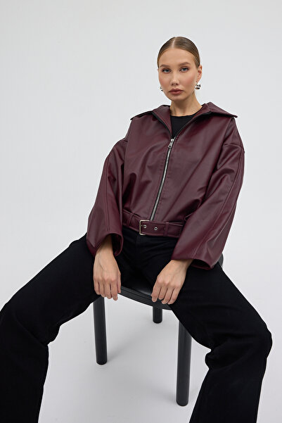 Renvo butik Oversized Faux Leather Black Women's Jacket – Buckle and Zipper M...