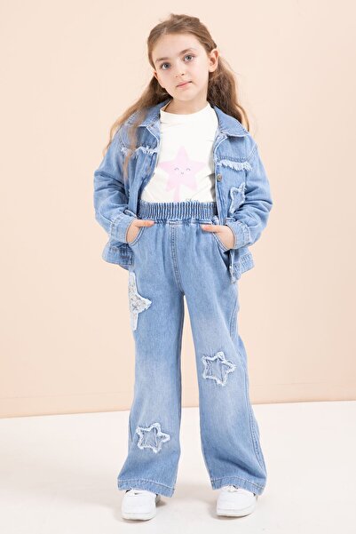 Cansın Mini Blue Star Embroidered Jacket Girl's 3-Piece Jean Set 23442