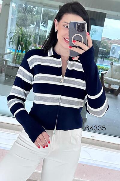 İnce Topuk Zippered Striped Knitwear Cardigan 6K335