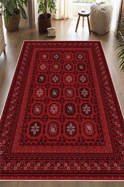 Mortapi Halı Bordo Afgan Desenli Dekoratif Kaymaz Taban Yıkanabilir Halı