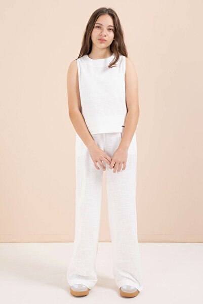 Cansın Mini Ecru Wide-Leg Pants Girl's Linen Cropped Suit 23450