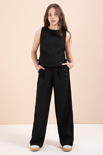 Cansın Mini Girl's Linen Cropped Suit with Black Wide-Leg Pants 23447