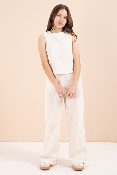 Cansın Mini Girl's Linen Cropped Suit with Cream Wide-Leg Pants 23448