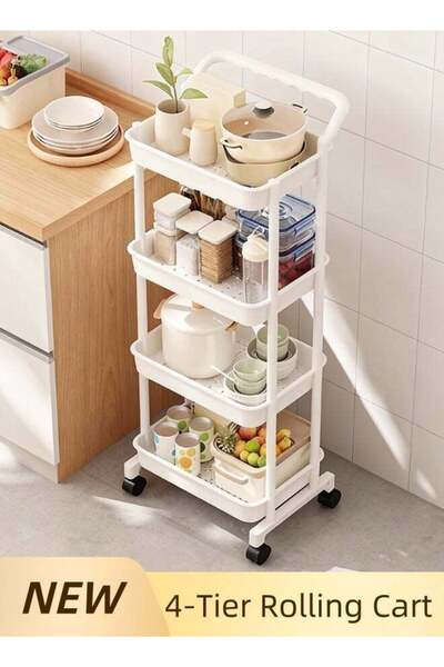 Generic عربة تخزين متحركة بأربعة أرفف ومقبض - منظم تخزين متحرك متعدد الوظائف