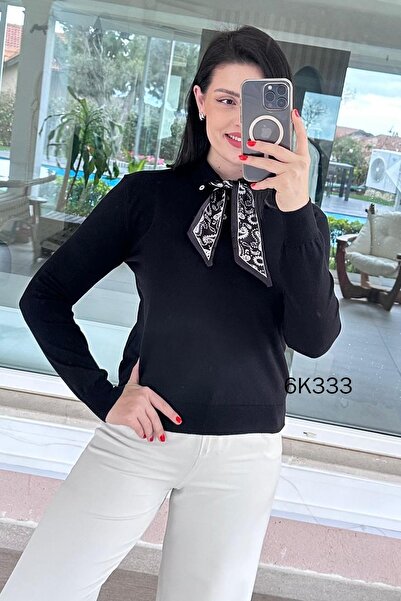 İnce Topuk Long Sleeve Knit Blouse with Scarf 6K333