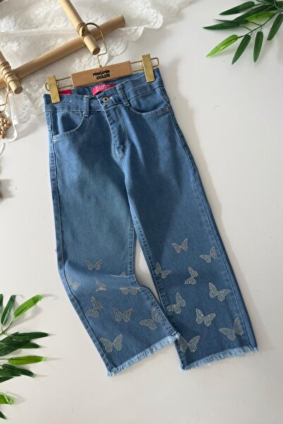 Minigimin Cicileri My Little One's Cicileri Butterfly Stone Embroidered Detailed Girls' Soft Denim Pants - Dark Blue