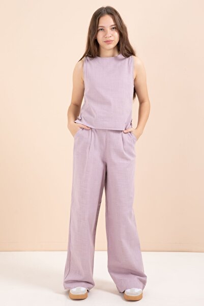Cansın Mini Dusty Rose Wide Leg Pants Girls' Linen Cropped Suit 23451