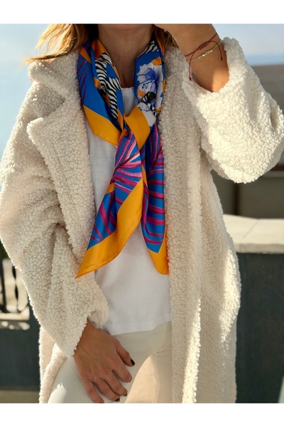 who knows ¿ Orange Blue Zebra Patterned Scarf Foulard 100X100Cm Women's Clothing Accessory