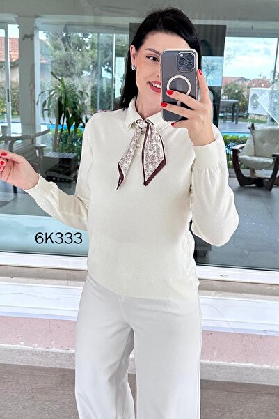 İnce Topuk Long Sleeve Knit Blouse with Scarf 6K333
