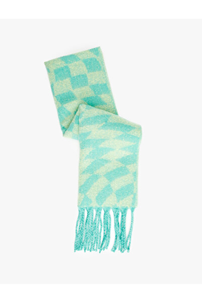 Koton Checkered Tasseled Soft Textured Long Scarf
